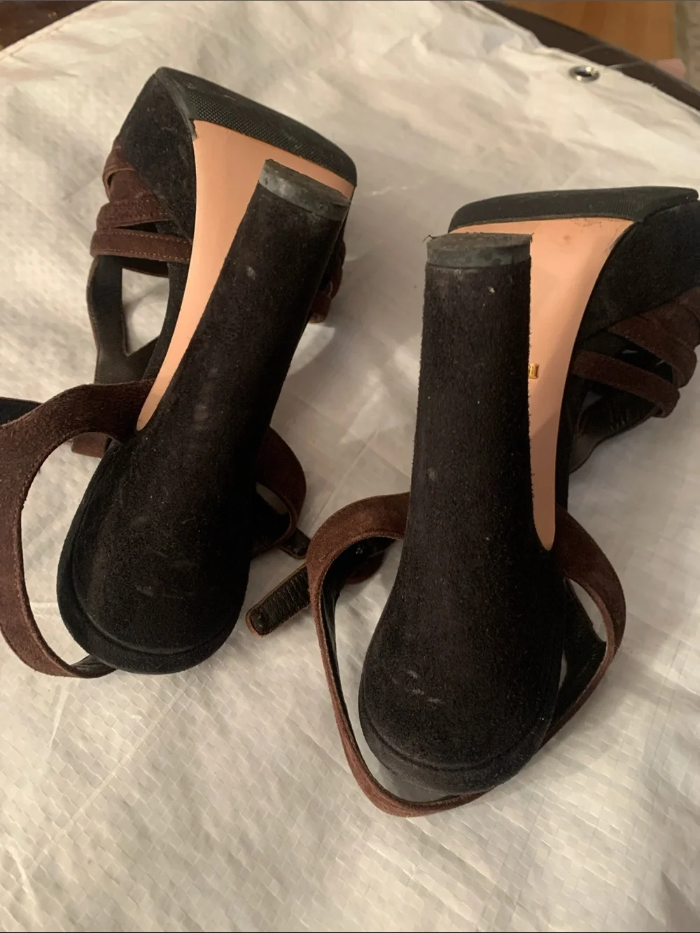 Prada Dark Brown Suede Woven T-Strap High Heels